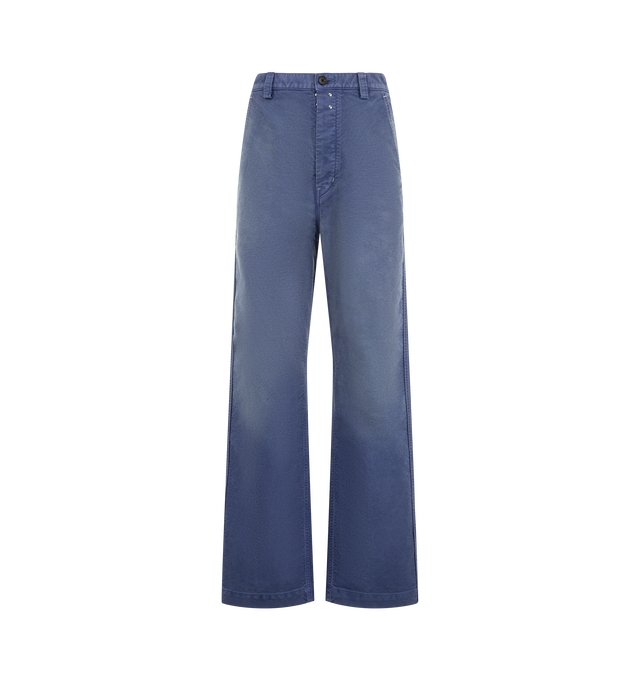 Image 1 of 3 - BLUE - Auralee Women's Garment-Dyed Organic Cotton Heavy Moleskin Pants are crafted from densely woven organic cotton heavy moleskin and feature a regular-fit silhouette with a straight-leg cut. Garment-dyed and carefully hand-finished, each pair develops a subtle vintage character with unique tonal variations and texture. Designed to age beautifully over time, the fabric gains depth and individuality through wear, revealing richer tones and a distinctive lived-in appearance. Main Material: 1 