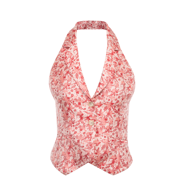 Image 1 of 2 - RED - ROSIE ASSOULIN Country Rabbit Floral Vest featuring slim fit, V-neck, button details, sleeveless and floral print. 100% polyester. 