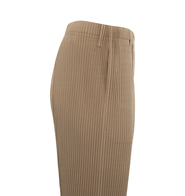 Image 3 of 3 - BROWN - ISSEY MIYAKE Compleat Trousers featuring slim shape, full-length hem, pleated, center seam detail, elastic waistband and two pockets. 100% polyester. 