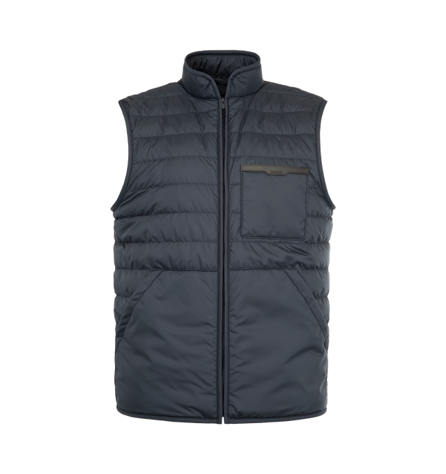 Image 5 of 5 - BLUE - MONCLER Brecon Mid-Length 3-in-1 Down Shirt Jacket featuring Airsoft lining, water-repellent main fabric, detachable down-filled double Airsoft vest with zipper closure, zipped pockets and leather-trimmed chest pocket, collar, detachable hood, snap button closure, side pockets, inside fabric description label and leather logo label 100% polyester. 