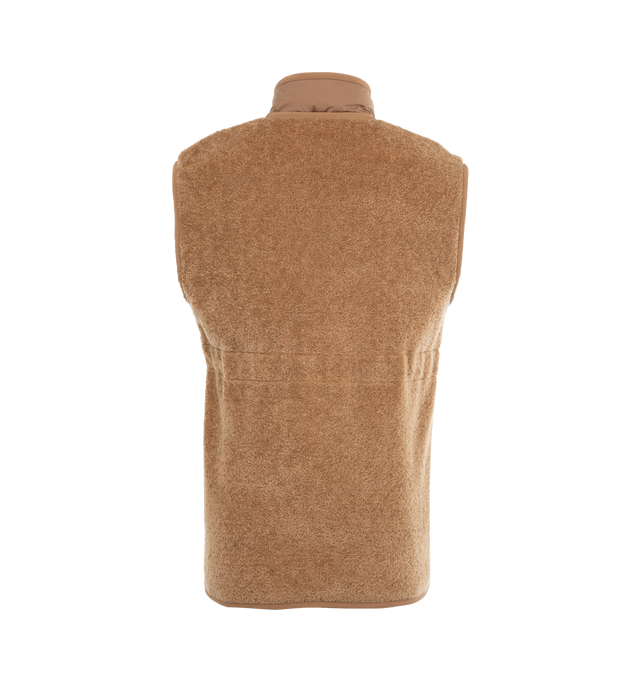 Image 2 of 2 - BROWN - Moncler Bost Down Teddy Vest has a micro cotton trim, a stand collar, an adjustable waistband, snap button closure, patch pockets with snap closures, and a polyester lining. Fill: 90% down, 10% feather. Exterior: 60% acrylic, 40% cotton. Made in Hungary.  