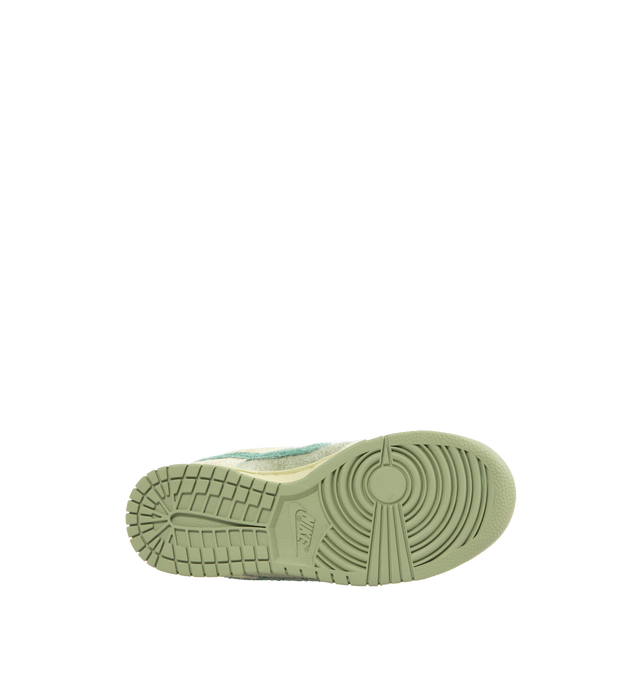 Image 4 of 5 - MULTI - NIKE Dunk Low Sneaker crafted with hairy suede upper in shades of olive aura, bicoastal, and oil green featuring lace-up front, signature Swooshes at sides, embossed Air logo at foxing, perforated toe and padded collar with debossed Nike logo at back counter. 