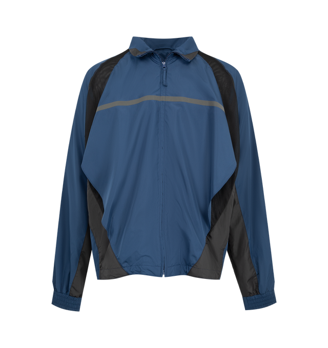 Image 1 of 3 - BLUE - MAISON MARGIELA Contrast Panel Track Jacket featuring contrasting panels, a standing collar, raglan sleeves, zip-through front, grey inserts running across the shoulders and down the side seams for a graphic effect and signature four white stitches at the back. 100% polyester. Made in Italy. 