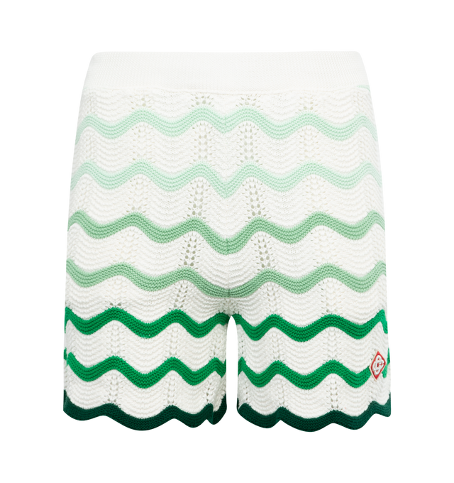 GREEN - CASABLANCA Gradient Wave Crochet Shorts featuring wave print, logo patch to the front and elasticated waistband. 100% cotton. 95% rayon, 5% polyester.