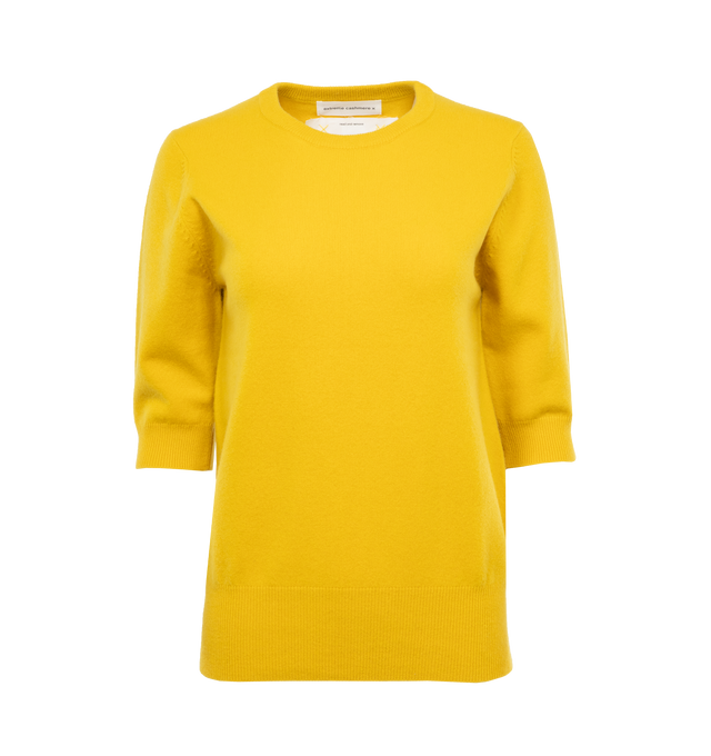YELLOW - EXTREME CASHMERE Well Sweater featuring cashmere blend, knitted construction, round neck, short sleeves, ribbed cuffs and hem, signature embroidered-detail to the cuff and pull-on style. 88% cashmere, 10% nylon, 2% spandex/elastane.