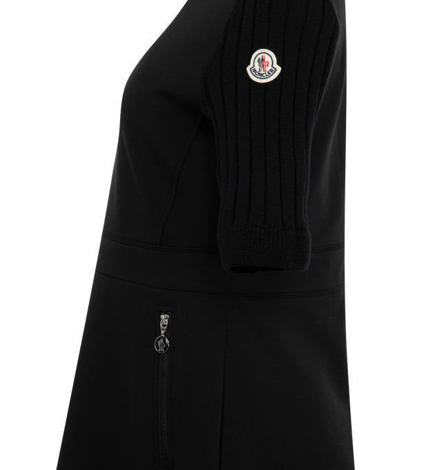 Image 3 of 3 - BLACK - MONCLER Fit & Flare Dress featuring stretch polyester and cotton interlock, jersey trim, ribbed sleeves, zipper closure and side pockets. 47% polyester, 45% cotton, 8% elastane/spandex. Sleeves: 100% virgin wool. 