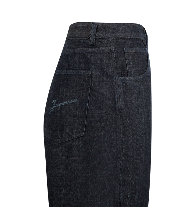Image 3 of 3 - NAVY - JACQUEMUS The Mirada de-Nmes Jeans featuring mid-rise, belt loops, five-pocket styling, button fly, logo printed at back pocket and corozo hardware. 100% cotton. Lining: 65% polyester, 35% cotton. Made in Portugal.  