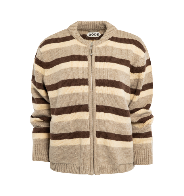 BROWN - BODE Brewster Cardigan featuring tonal brown stripes, zip-front detail, long sleeves and crew neck. 100% Shetland wool.