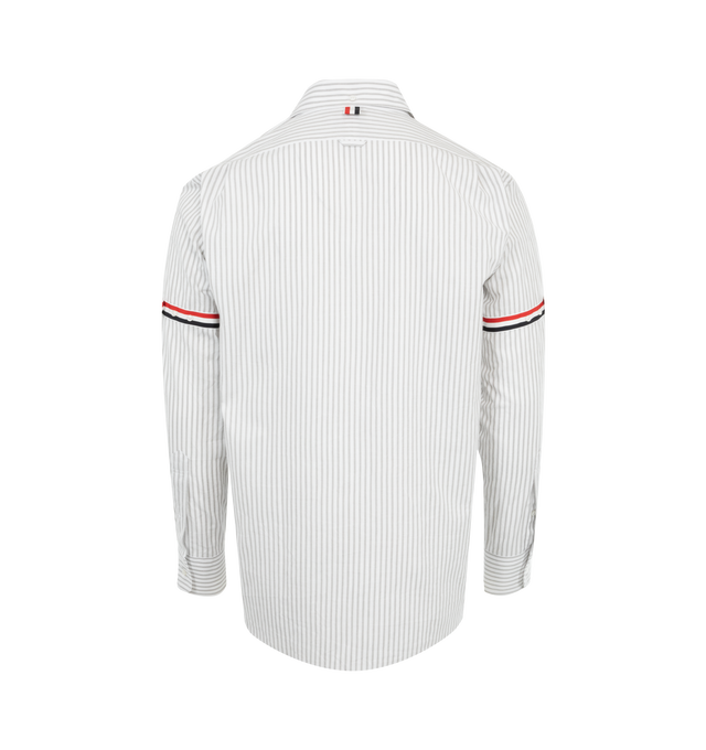 Image 2 of 2 - GREY - Thom Browne Men's elevated long sleeve button-front shirt crafted from madras striped cotton featuring chest patch pocket, nametag applique, grosgrain armbands, pleated back yoke with locker loop and signature striped grosgrain loop tab. 100% Cotton. Made in Italy. 