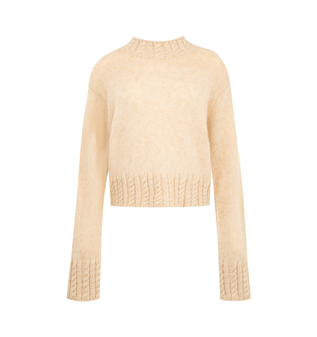 Image 1 of 1 - NEUTRAL - Moncler Women's Alpaca Blend Turtleneck Sweater is crafted from a plush alpaca blend and features a timeless turtleneck silhouette with a textured Aran stitch knit. Designed in a heavyweight construction for added warmth, this refined knitwear essential is ideal for layering throughout the colder months. Main Material: 43% Alpaca, 36% Polyamide / Nylon, 21% Wool. Made in Italy. 