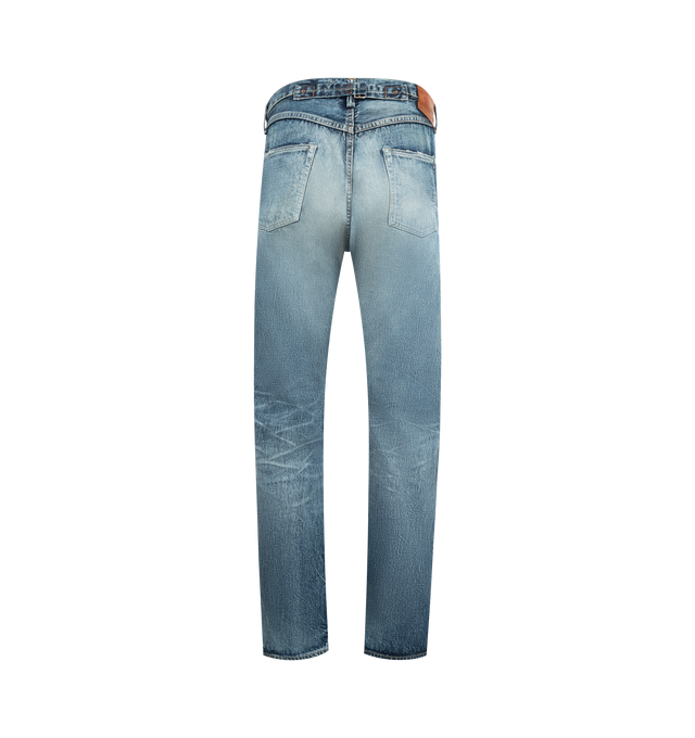 Image 2 of 3 - BLUE - FULLCOUNT 1937 Model HW Mykonos Jean featuring 13.7oz original selvedge denim, 5 pocket style, high rise, wide straight leg, cinch back detail, suspender buttons and distressing throughout. 100% Zimbabwe cotton. 