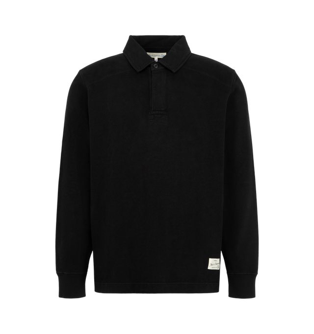 Image 1 of 2 - BLACK - Merz b. Schwanen Men's Sturdy Cotton Interlock Jersey Rugby Shirt is crafted from sturdy organic cotton interlock jersey and features a relaxed fit, a woven herringbone collar, button placket, and ribbed cuffs. Designed with signature triangular underarm inserts and an authentic woven label at the front, this heritage-inspired rugby shirt combines durability with everyday comfort. Main Material: 100% Organic Cotton.  