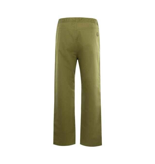 Image 2 of 3 - GREEN - MONCLER Cotton Satin Pants featuring elastic waistband with drawstring fastening, zipper closure, side pockets, back welt pocket and felt logo patch. 100% cotton. 