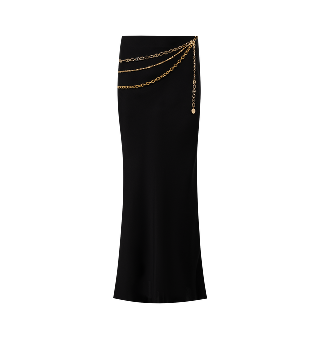 Image 1 of 2 - BLACK - RABANNE Long Chain Skirt featuring silky texture, mid length, chain details at the waist and fluid material. 100% polyester. 
