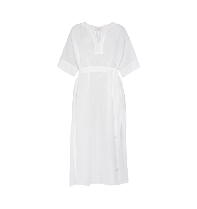 Image 1 of 4 - WHITE - ERES Bibi Kaftan featuring short sleeves, V-neckline, pleated back, removable belt without loop, rounded slits on each side at the bottom and length above ankles. 100% Linen. Made in Bulgaria. 