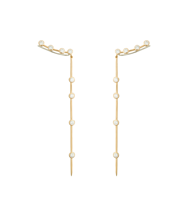 GOLD - UNIFORM OBJECT Sex Sticks 3 inch drop stick + climber earrings crafted from 10G of solid 18K yellow gold with 1.6 TCW of 3mm diamonds.  Handmade in New York City.