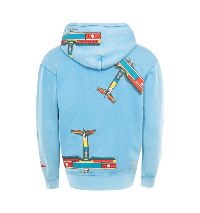 Image 2 of 3 - BLUE - COUT DE LA LIBERTE Killian Airplane Stoned Hoodie featuring multiple appliqus, pouch pocket, long sleeve, banded cuffs and hem, hood and pullover style. 100% cotton. 