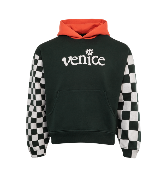 Image 1 of 2 - BLACK - ERL Venice Hoodie featuring cotton-blend fleece, paneled construction, eyelets at hood, text printed at front and back, kangaroo pocket, rib knit hem and cuffs, dropped shoulders and check pattern printed at sleeves. 80% cotton, 20% polyester. Made in Turkey. 