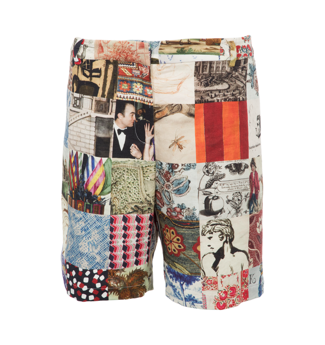 MULTI - LIBERTINE Bloomsbury Collage Shorts featuring relaxed fit, front zipper and print throughout. 56% cotton, 44% linen.