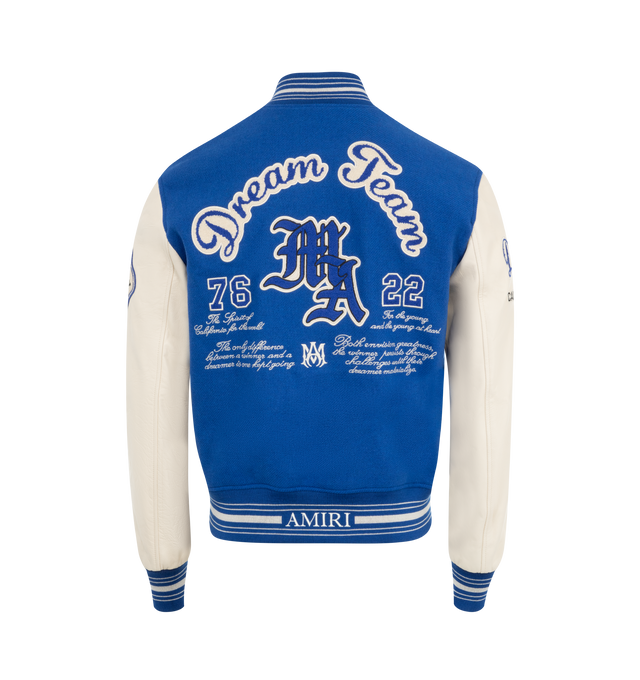 Image 2 of 4 - BLUE - AMIRI Dream Team Varsity Bomber Jacket featuring Arts District embroidery and Dream Team embroidered patches, baseball collar, long sleeves, side zip pockets, ribbed trim and front snap closure. 75% wool, 25% nylon. Made in Italy. 