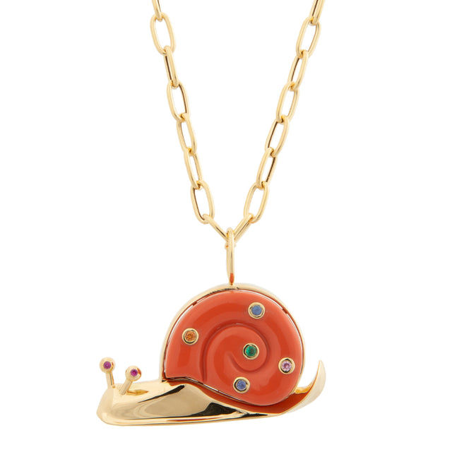 Image 2 of 2 - ORANGE - BRENT NEALE Large Carnelian Snail Pendant on 18" Chain featuring 18K yellow gold, carved carnelian large snail pendant set with multi-colored sapphires. Dimensions: 0.5" x 0.85" pendant, 18" chain. Made in NYC. 