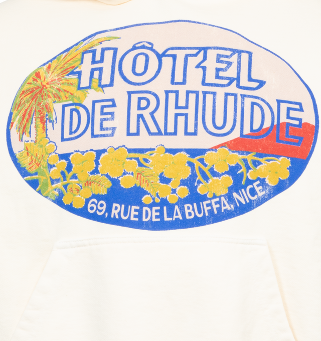 WHITE - RHUDE Hotel Hoodie featuring front kangaroo pocket, front and sleeve screen print and midweight terrycloth fabric. 100% cotton. Made in USA.