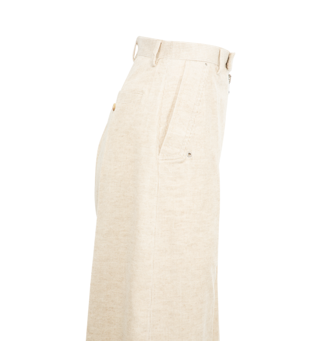 Image 3 of 3 - WHITE - RICK OWENS Tailored Wide Bela Pant featuring full length, a low crotch, wide legs, waistband with belt loops, button closure, exposedfront zipper with two snap detail at bottom, side welt pockets and two rear welt pockets. 74% cotton, 26% linen. 