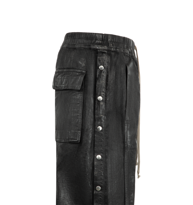 Image 3 of 3 - BLACK - Rick Owens Drkshdw Men's Wide Pusher Pants are crafted from heavyweight cotton sweatshirt jersey and feature a floor-length silhouette with a wide leg and slightly dropped crotch. Main Material: 100% Cotton. Waistband: 97% Cotton, 3% Elastane. Pockets: Side Front Jet Pockets, Square Back Pockets. Closure: Elasticized Drawstring Waist and Snap Side Closures. 