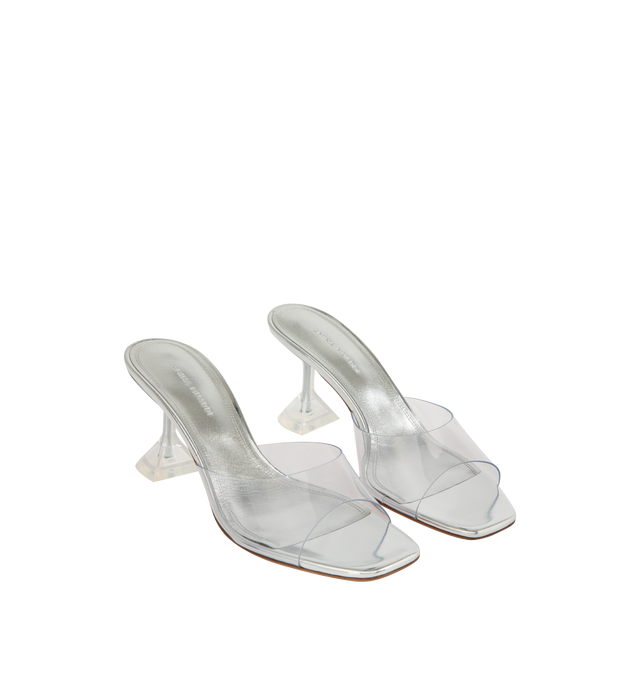 Image 2 of 4 - SILVER - AMINA MUADDI Lupita Glass Slipper featuring transparent PVC mule sandals, open toe, slide style, leather lining and leather outsole. 70 mm clear plexi exaggerated pedestal stiletto heel. Made in Italy. 