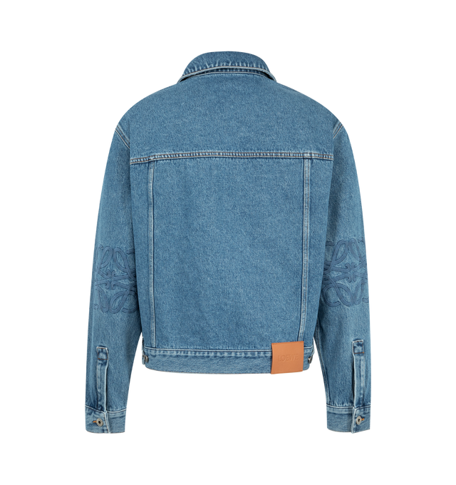 Image 2 of 3 - BLUE - LOEWE Anagram Jacket in medium-weight washed cotton denim featuring an Anagram embroidery at the elbows, regular fit, regular length, classic collar, button front fastening, buttoned cuffs, buttoned chest flap pockets, welt pockets and LOEWE embossed leather patch placed at the back. Cotton. Made in Italy. 