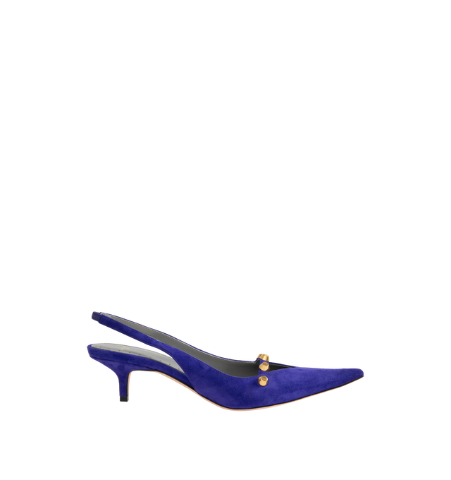 Image 1 of 4 - PURPLE - Balenciaga Women's 45 Studded Suede Pumps are crafted from supple suede and feature a sharply pointed toe outlined with polished gold-tone studs for a bold, signature finish. Designed with a sleek silhouette that balances elegance and edge, this Italian-made style is finished with a leather insole and sole for lasting comfort and refinement. Heel Height: 44mm / 1.8 inches. Main Material: Suede Leather. Sole: Leather Insole and Sole. Toe: Pointed. Hardware: Gold-Tone Studs. Made in It 