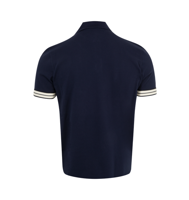 Image 2 of 2 - NAVY - MONCLER Logo Cotton Piquet Polo Shirt featuring cotton piquet, knit collar, short sleeves, mother-of-pearl button closure and jersey cuffs with rubberised logo print. 100% cotton. 