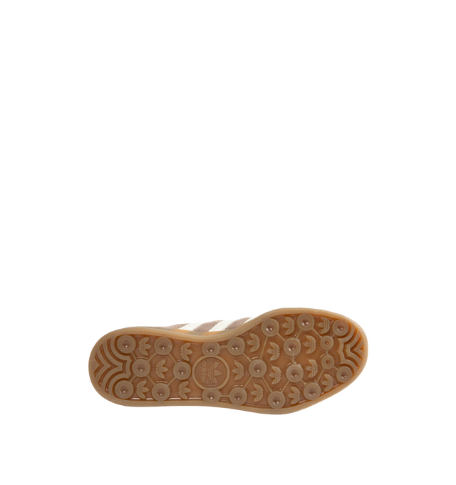 Image 4 of 5 - BROWN - Adidas Gazelle Suede Sneakers are a lace-up indoor style with satin uppers, suede and synthetic overlays, and gum outsoles. Textile linings.  