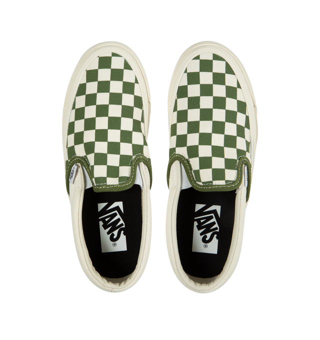 Image 5 of 5 - GREEN - VANS 98 LX Sneakers featuring low-top, slip-on, check pattern printed throughout, elasticized gussets at vamp, padded collar, logo flag at outer side, rubber logo patch at heel, partial leather and canvas lining, textured rubber midsole and treaded rubber sole. Upper: textile. Sole: rubber. Made in Philippines. 