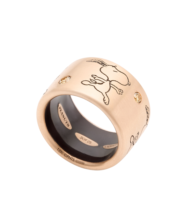 Image 3 of 3 - GOLD - LIZWORKS X PEANUTS Ballerina Snoopy Rose Gold Comic Strip Ring Band featuring 18k rose gold ring with brown diamonds and chocolate brown enamel. 13.5 mm. Hirshleifers offers a range of initial pieces from this collection in-store. For personal consultation and detailed information about jewelry, please contact our dedicated stylist team at personalshopping@hirshleifers.com. This item may be restricted for online purchase to international clients. For assistance purchasing this item ple 
