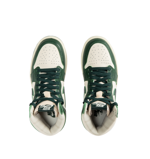 Image 5 of 5 - GREEN - JORDAN Air Jordan 1 Retro High OG Sneaker featuring brushed gold Wings logo, woven Nike Air tongue label, classic lightweight cushioning, padded collar and pristine finishes. 