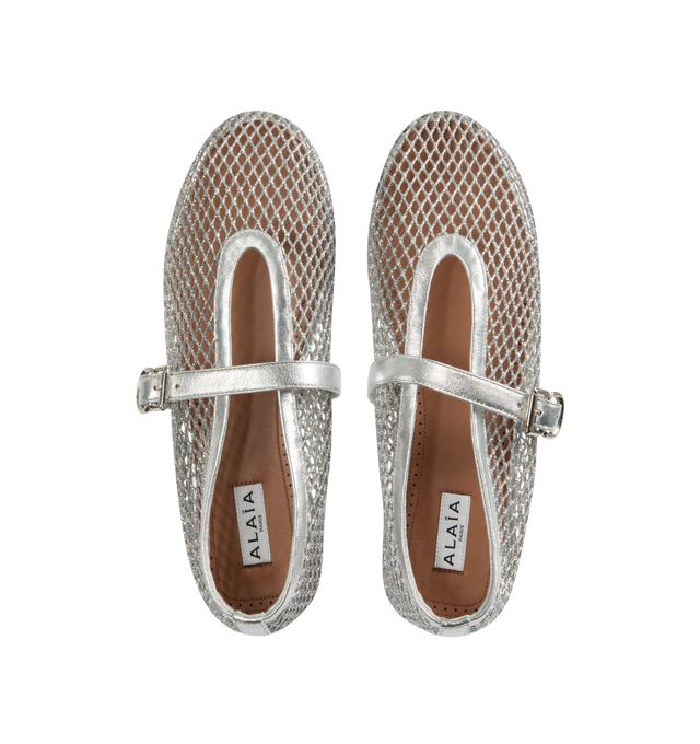 Image 4 of 4 - SILVER - ALAIA Mesh Ballet Flats featuring eyelet mesh trimmed with patent leather into a Mary Jane silhouette defined by its single strap buckle fastening. Mesh, patent leather. Made in Italy. 