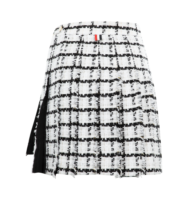 Image 2 of 2 - WHITE - THOM BROWNE Mini Dropped Back Pleated Skirt featuring windowpane check chiffon, pleated, dropped back hem and signature striped grosgrain loop tab. Made in Italy. 