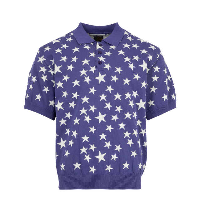 Image 1 of 2 - BLUE - NEEDLES Short Sleeve Knit Polo Sweater featuring ribbed collar, cuffs and trim, 3 button placket and stars throughout. 58% polyester, 42% paper. Made in Japan. 