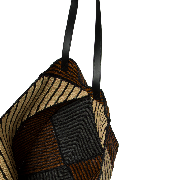 Image 3 of 4 - BROWN - LOEWE PAULA'S IBIZA XXL Puzzle Fold Tote featuring signature geometric lines, folds completely flat, lightweight, mixed stripes, calfskin handles, gold metal LOEWE branding, shoulder or hand carry and unlined. 14.4 x 28.7 x 14.4 inches. Raffia. Made in Spain.  