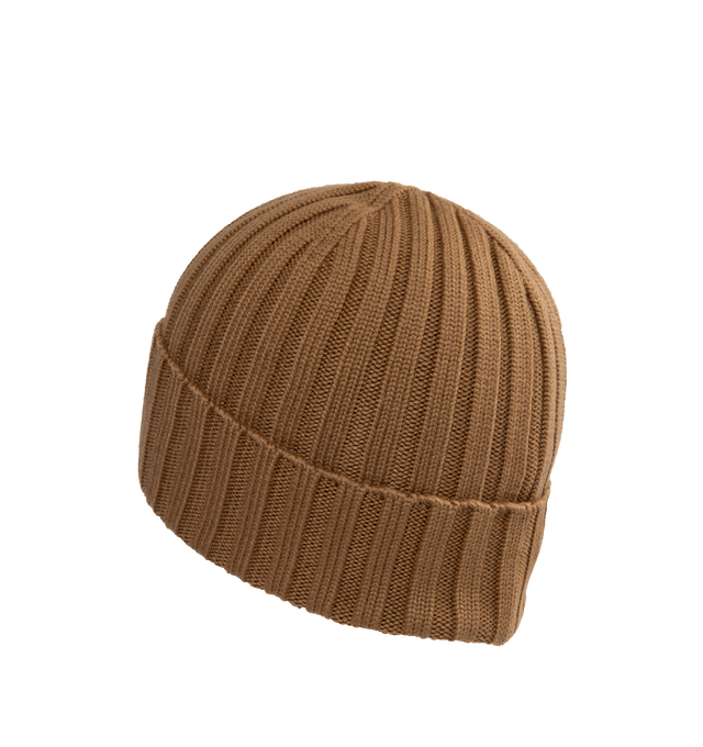 Image 2 of 2 - BROWN - MONCLER Wool Beanie featuring ultrafine wool, ribbed knit, Gauge 5 and logo patch. 100% virgin wool. 