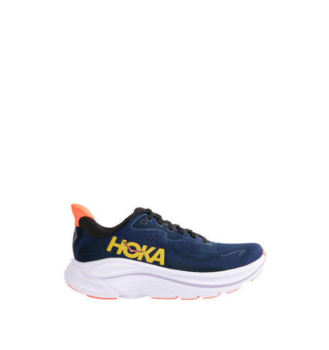 Image 1 of 5 - BLUE - HOKA Clifton 10 Sneaker featuring jacquard knit, reflective upper details, smooth MetaRocker, rearfoot-focused Active Foot Frame, CMEVA midsole, molded EVA sockliner and inherently durable abrasion rubber. 