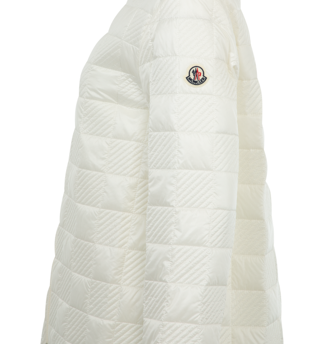 Image 3 of 3 - WHITE - Moncler Quilted Shirt Jacket has a 2-way zipper closure, spread collar, elastic cuffs, logo patch, and welt pockets. Nylon, polyamide, polyester. Made in Romania.  