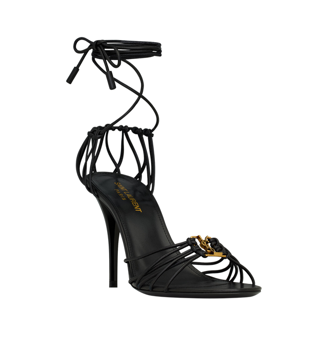 Image 2 of 3 - BLACK - SAINT LAURENT Babylone Sandals featuring almond toe, lace up ankle strap, stiletto heel and leather sole. 3.5 inch heel. Lambskin. Made in Italy.  