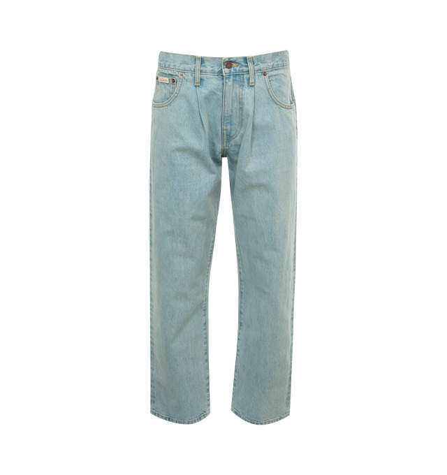 Image 1 of 2 - BLUE - NOAH Pleated Jean featuring nonstretch Japanese selvedge denim, straight leg, zip fly with button closure and five-pocket style. 100% cotton. Made in the USA. 