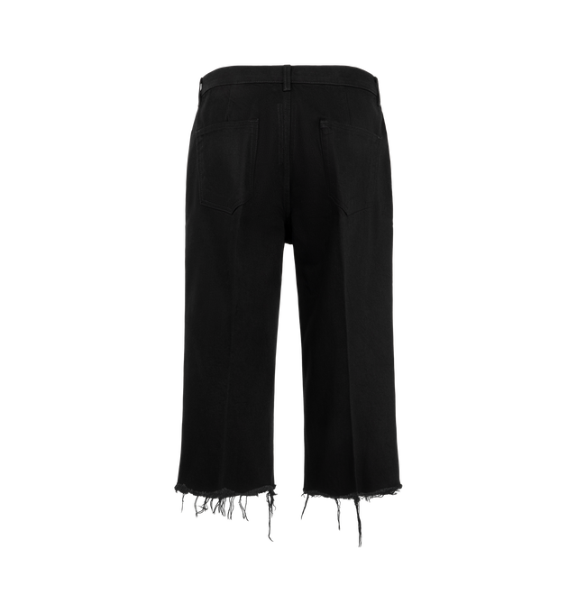 Image 2 of 3 - BLACK - Rick Owens Men's Bolan Cutoffs are crafted from 16 oz Japanese selvedge denim and feature a high-rise waist, a slim fit, knee-length raw-cut hems, side slits, and a six-pocket construction. Designed with a concealed button fly, belt loops, pocket rivets, rear patch pockets, crotch whiskering, and pressed front and back leg creases, this style combines signature tailoring details with a streamlined silhouette. Main Material: 100% Cotton. Pocket Lining: 52% Polyester, 48% Cotton.  Made  