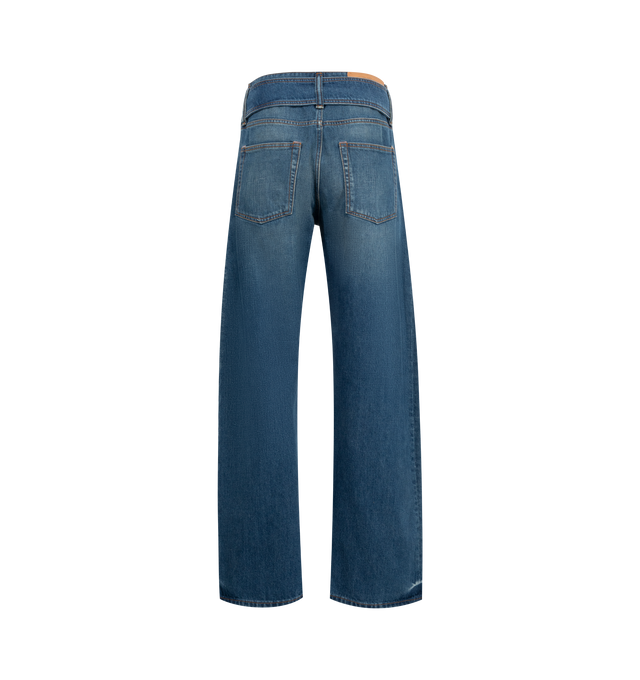 Image 2 of 3 - BLUE - ACNE STUDIOS Belted Denim Trousers featuring relaxed fit, low waist, long length,wide leg, denim buckle belt attached and zipper fly. 56% regenerative cotton, 44% cotton. 