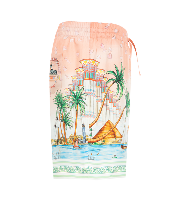 Image 3 of 3 - ORANGE - CASABLANCA Ethereal Silk Shorts featuring pure silk twill, decorated with an illustrated scenic print inspired by Egyptian landscapes, elasticated drawstring waistband, side pockets and a rear patch pocket with signature Casablanca artwork. 100% silk. 