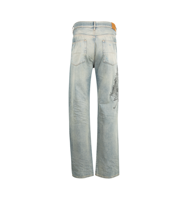 Image 2 of 3 - BLUE - AMIRI Crystal Amiri Hotel Jeans featuring belt loops, five-pocket styling, button fly, crystal appliqu at outseam, logo patch at back waistband and relaxed fit. 98% cotton, 2% elastane. Made in United States. 