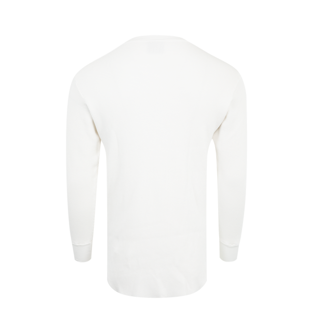 Image 2 of 2 - WHITE - Lite Year long sleeve heavy weight thermal in washed white waffle knit thermal with dropped hem, wide rib cuff and collar. 100% Cotton. Made in USA. 